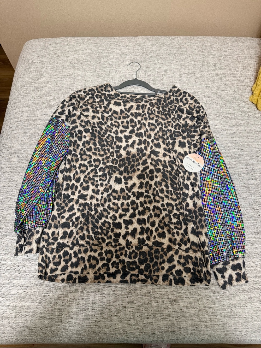 Leopard Print Top with Iridescent Sequin Sleeves